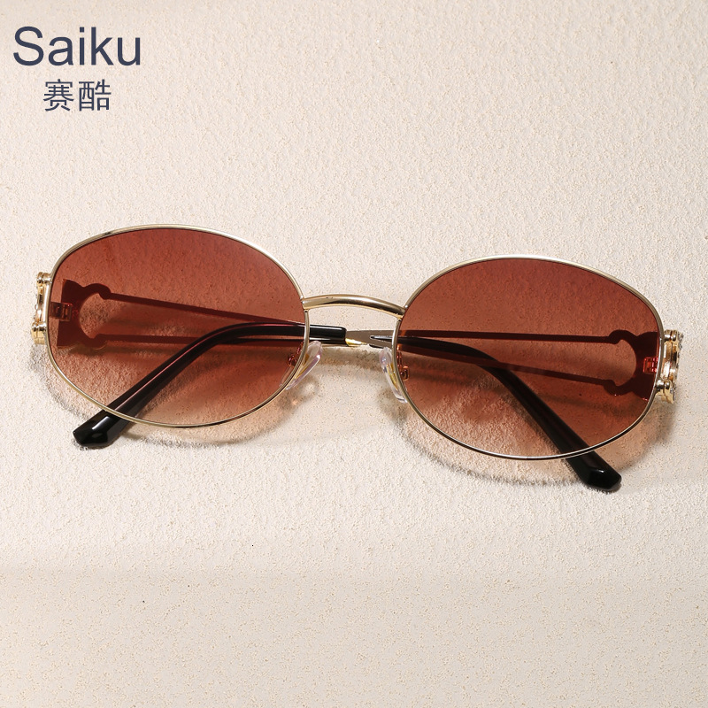 Luxury Premium Fashion Sunglasses New Fashionable Retro Metal Oval Small Frame Sunglasses For Men Women With High-End Hollowed-Out Temples And UV Pr