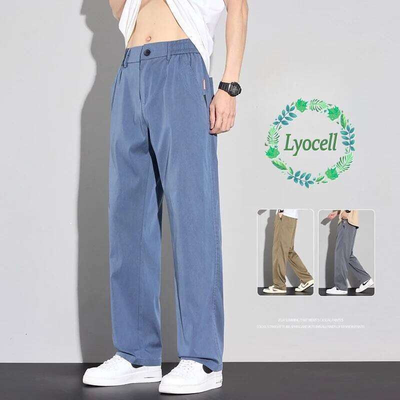 2026 Men's Spring Summer Thin Casual Baggy Straight Lyocell Fabric Trendy Sport Trousers Comfortable Fit Long Pants Man W260624