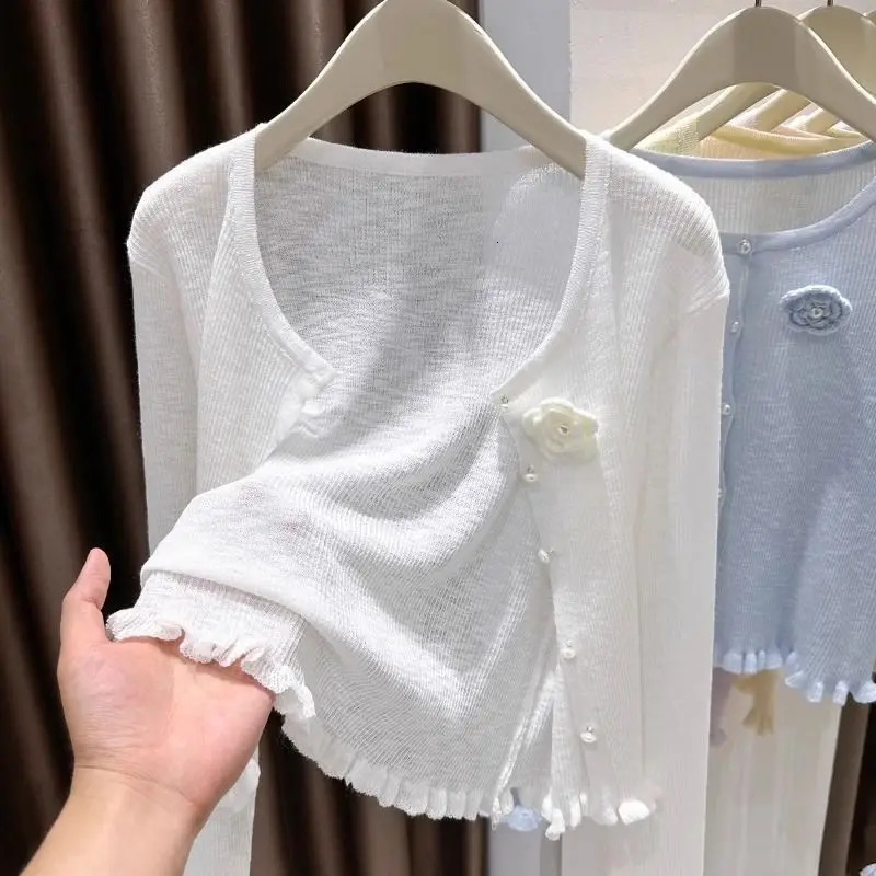 Spring summer solid flower ruffle edge longsleeved knitted cardigan jacket femininity versatile airconditioning blouse top 260623