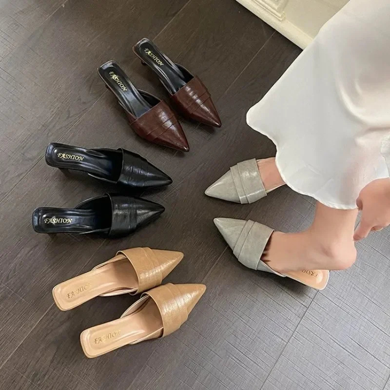 Summer 2026 Womens Large Size Pointed Toe Thin Heel Slip-On Clog Sandals Fashionable European Style PU Material Comfortable 260624