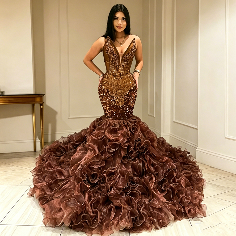 Stunning Brown Prom Dresses for Black Girls Luxury Crystal Beading Mermaid Party Gowns Ruffles Skirt Evening Dress