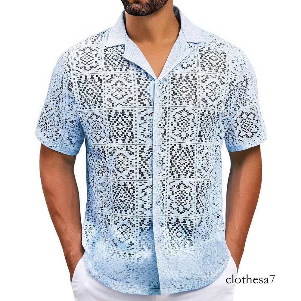 Summer New Knitted Lace Hollow Short-Sleeved Shirt American Retro Fashion Trend Loose Casual Breathable Niche Men's Tops