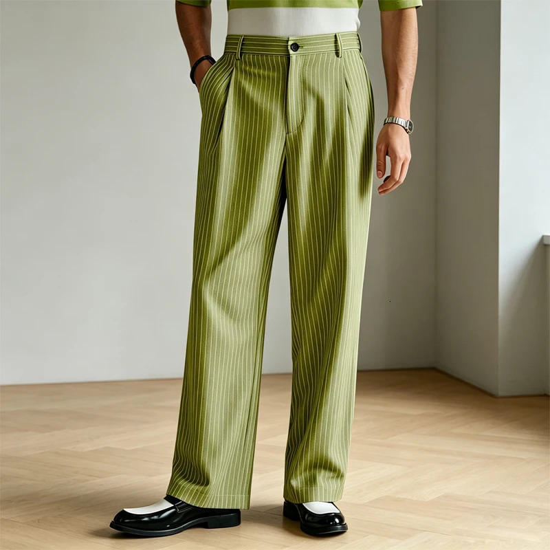 Vintage Men Thin Striped Suit Trousers High Waist Pleated Wide Leg Pants Loose Straight Slacks Business Casual Office Wedding 260618