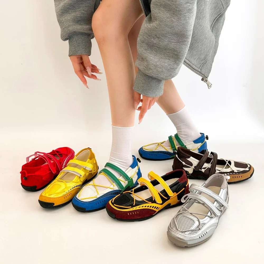 Silver Fashionable Casual Mesh Shoes Womens Summer Magic Tape Thin Breathable Sports Mary Jane Single Shoes 260622