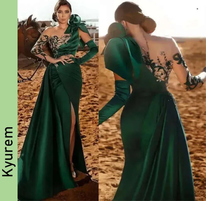 Elegant Arabic Dark Green Evening Dresses Side Split Satin Sexy Prom Gowns Lace Appliques Long Sleeves Chic Gown for Women Robe De Soiree