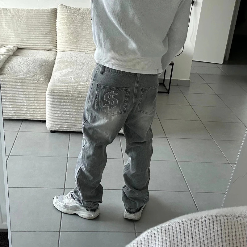 Dollar Pattern Embroidery Retro Jeans Men Y2K Splice Hip Hop Baggy Pants Gothic Streetwear Fashion Low Rise Jeans Clothing 260622