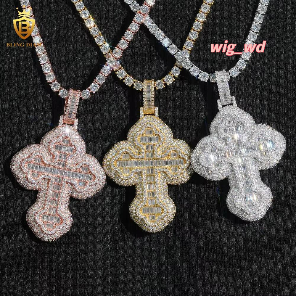 Ice Out Cross Baguette Cut 925 Silver Gold Plated VVS GRA Certified Moissanite Pendant Pass Tester