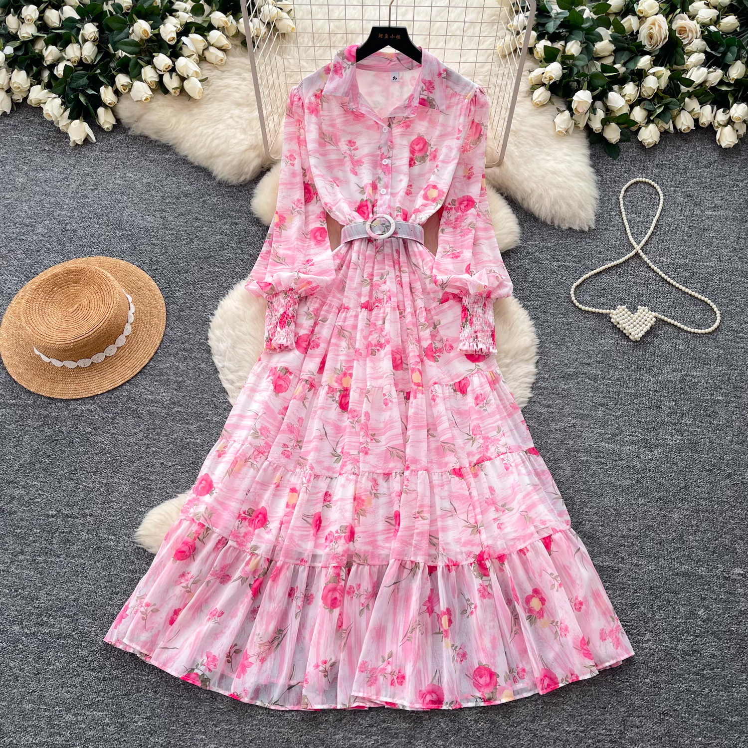French romantic style lantern sleeve floral dress women's spring and summer waist ruffle edge long dress high sense vacation style