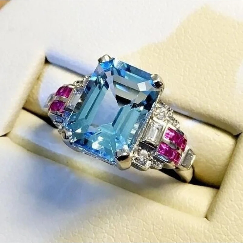 2026 Topaz and Aquamarine Ring - Set with Red Spinel Jewelry - A Fashionable and Elegant Valentines Day Gift for Girls 260624