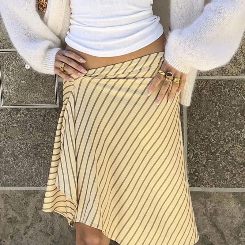 Maemukilabe Elegant Office Lady Flowy Skirt Vintage Striped Irregular Hem Midi Skirt Women High Waist A-line Skirt Streetwear 260623