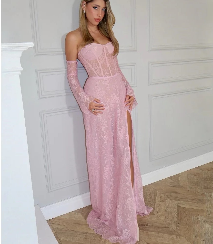 Sexy Pink A-line Prom Pageant Dress Sweetheart Lace Corset Bodice Detachable Long Sleeves Silt Evening Birthday Formal Party Gowns Robe De Soriee
