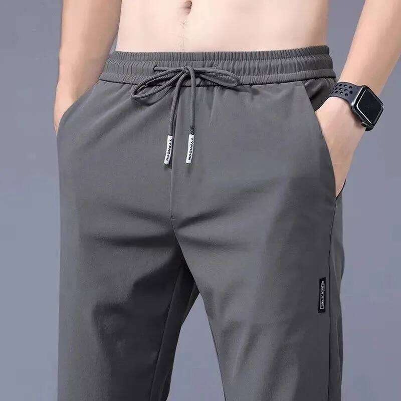 Ice Silk Men's 2024 Summer New Black Gray Thin Business Casual Pants Outdoor Elastic Breathable Straight Leg Sweatpants W260624