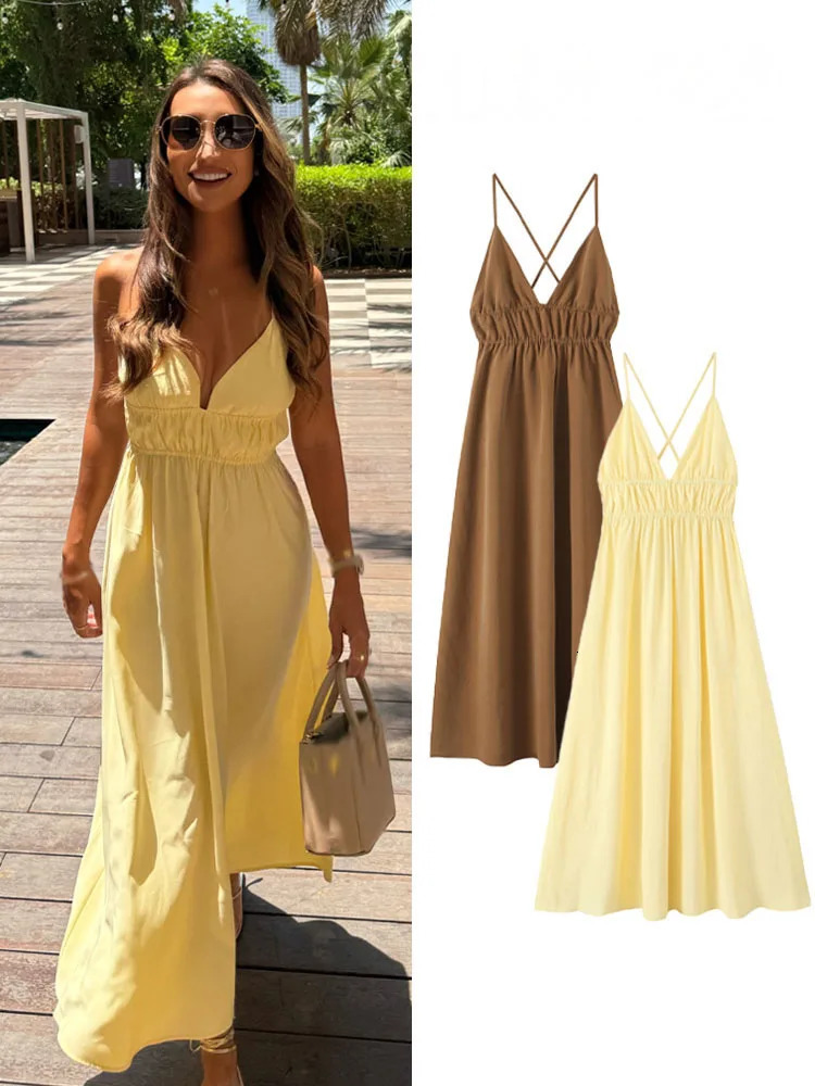 HH Female Summer Wrinkles n Sexy Sling Dress Women Fashion Solid V-Neck Sleeveless Backless Beach Party Midi Dress 260617
