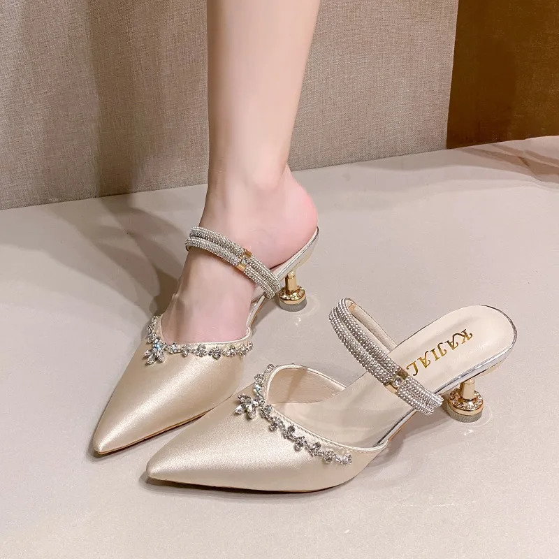 Baotou Sandals Womens Summer Wear Pointed Toe Shallow Mouth Crystal Buckle One-word Non-slip High Heels 260624