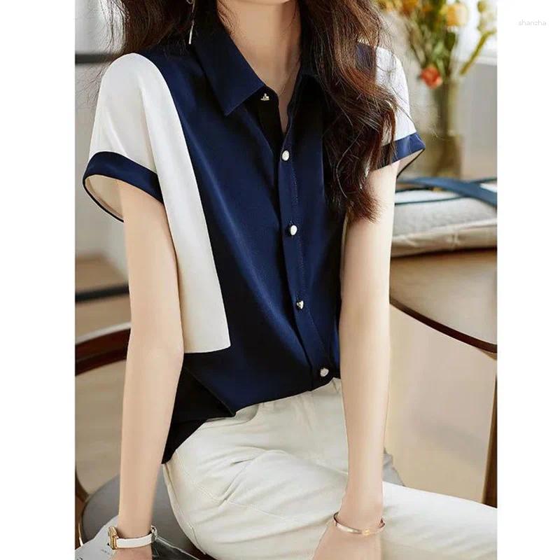 Women's Blouses Polo Neck Chiffon Blouse Short Sleeve Summer Patchwork Contrast Loose Office Shirt Tops Fashion Casual Clothing