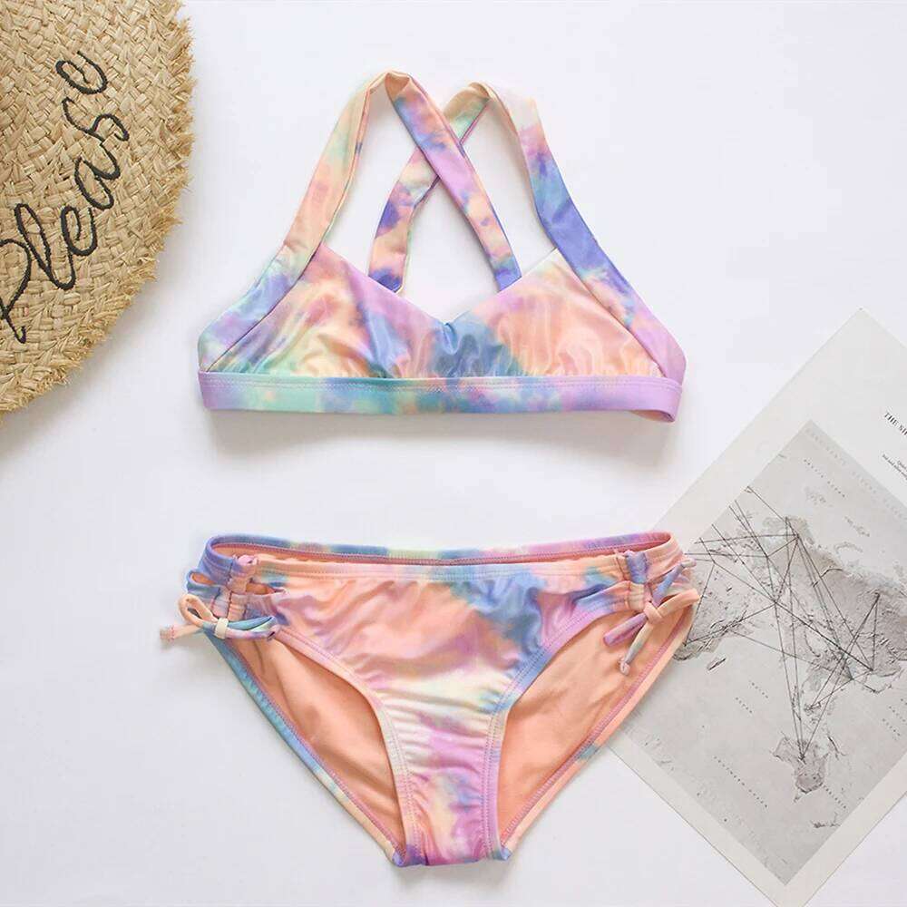 Teen Bandage Bikini Set Tie-dye Print Summer Children Kids Swimsuit Students Girls Two Pieces Swimwear Bathing Suit W260624