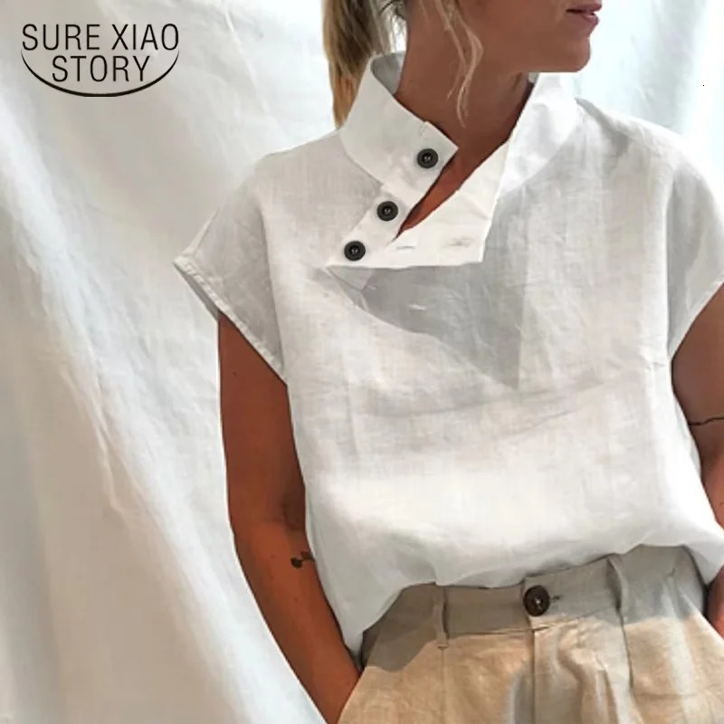 Fashion Cotton Linen T Shirt Lightweight Womens Shirt Round Slit Button Down Collar Short Sleeve Solid Top Casual Tops 260623