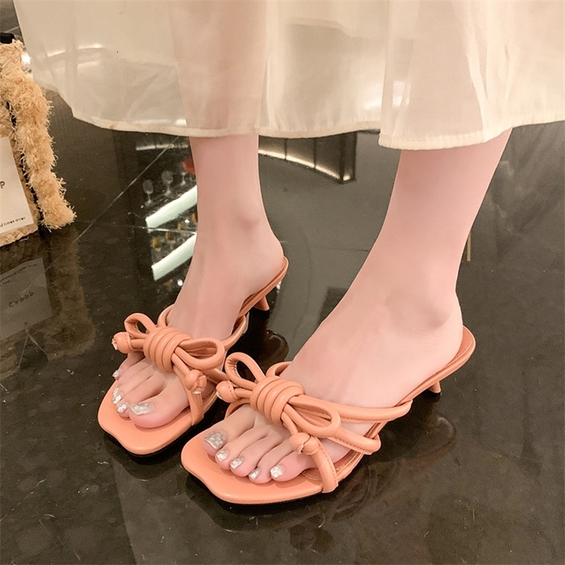 French Bow High-Heeled Sandals Summer Trendy Solid Color Open-Toe Slip-On Comfortable Low-Cut Womens High Heels Selling 260623