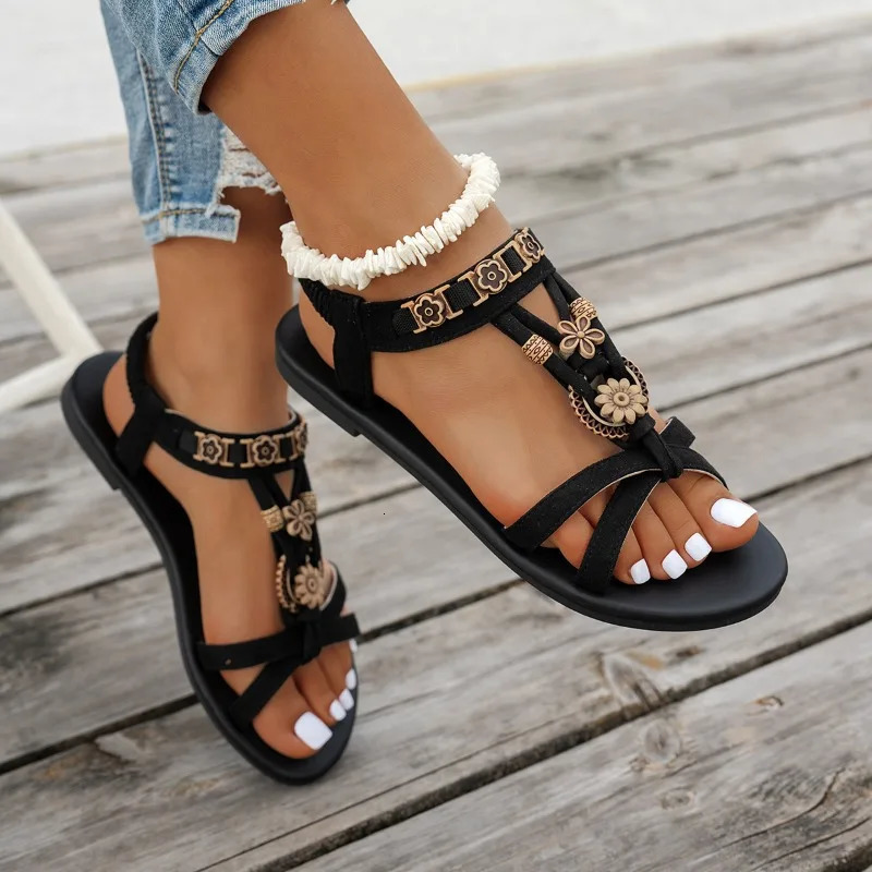 Bohemian Style Suede Elastic Band Sandals Summer Casual Rome Shoes Fashion Comfort Flat Heel Beach Shoes Zapatos De Mujer 260623