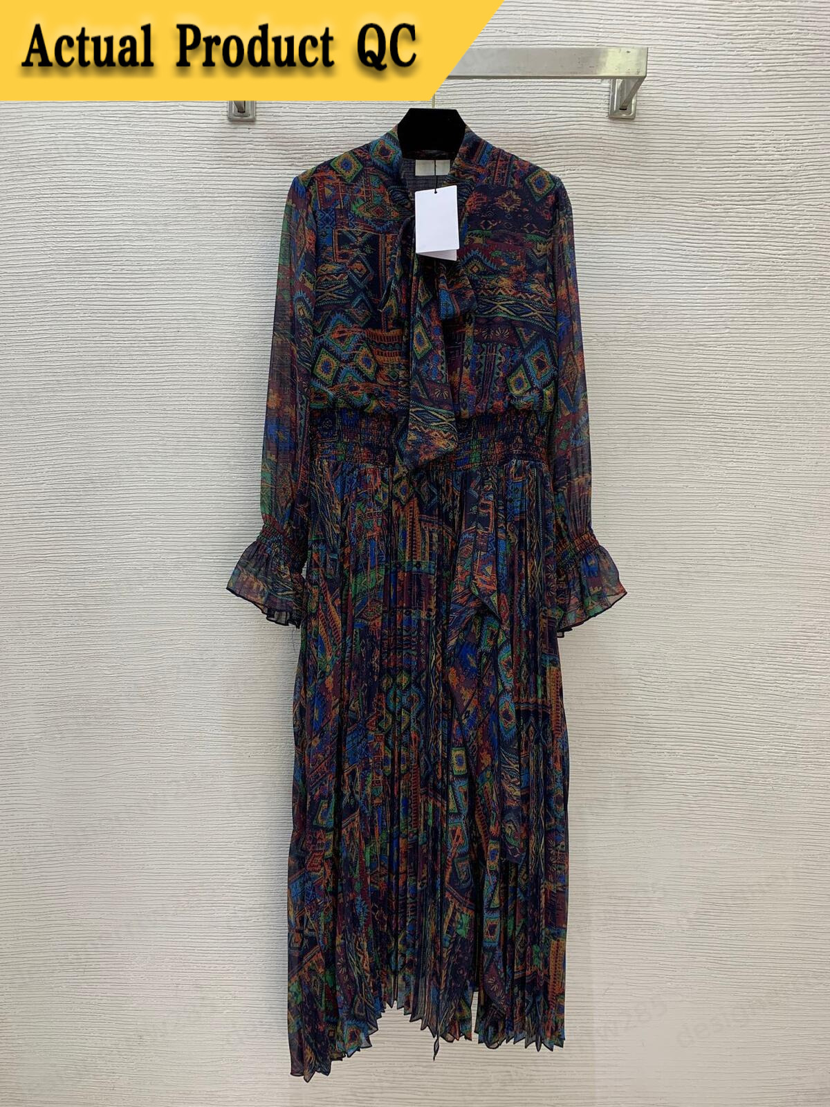Designer Clothing Women Dress Long Sleeve Bow Tie Neck Pleated Chiffon Geometric Printed Midi Dresses Vintage Casual Smocked Waist Outfits Skirt-image-1111990530