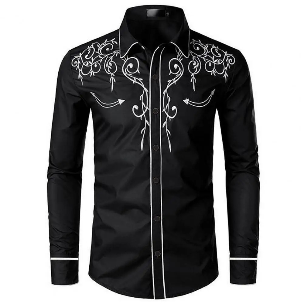 Mens Fashion Embroidered Shirt Western Cowboy Style Long Sleeve Lapel Collar Single Breasted Shirt Embroidery Casual Shirt Top 260623