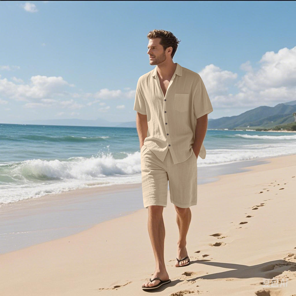 Men's Linen Short-Sleeve Set, Summer Loose Casual Cotton-Linen Cardigan Shirt And Shorts