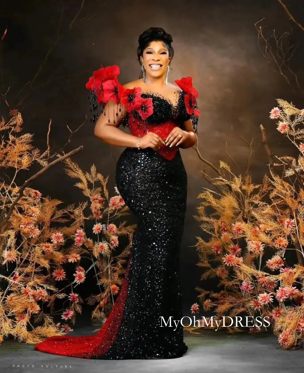 Black Sparkly Aso Ebi Mermaid Sheer Sequins Beaded Prom Formal Party Second Reception Birthday Engagement Evening Gowns Dresses Robe De Soiree 0120
