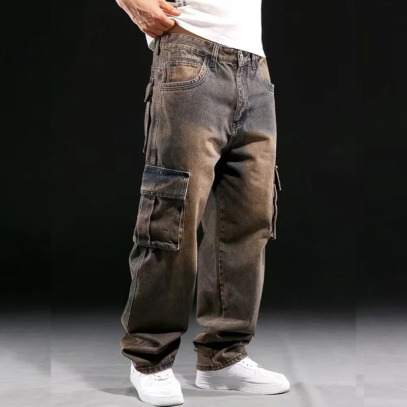 Fashion Trendy Men Multi Pocket Denim Pants American Vintage High Street Jeans Oversized Loose Fat Straight Trouser Cargo Pant 260623