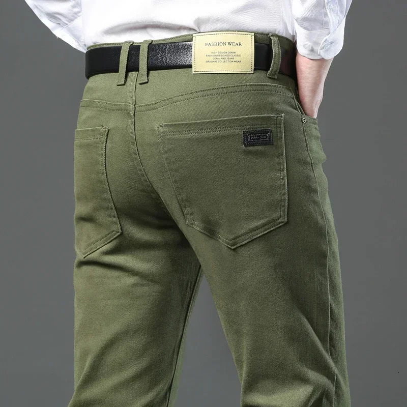 Taglia grande 42 44 Autunno 98 Jeans slim elasticizzati da uomo in cotone Verde militare Pantaloni morbidi e comodi in denim dritto casual 260618