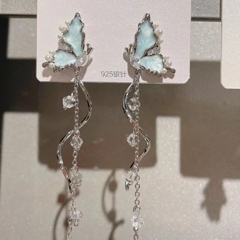 Temperament Blue Glazed Butterfly Dangle Earrings For Women Rhinestone Pearl Tassel Pendant Ear Rings Party Lady Jewelry Gifts260624