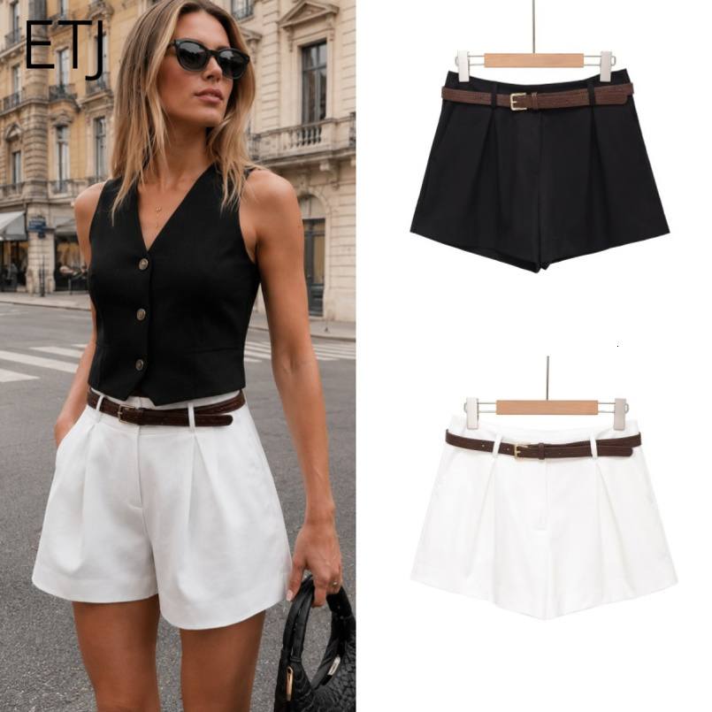 ETJ 2026 Womens High Waist Pleated Shorts with Belt Casual Loose Tailored White Summer Chic Mini Pants 260623