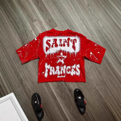 Vintage Splash Paint Letter Graphic T-shirt Men Loose Oversized Crew Neck Short Sleeve Punk Street Style Red Tee