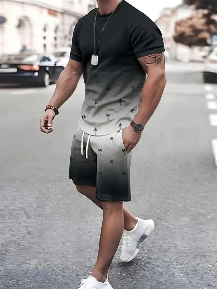 2024 Summer Fashion T Shirt Shorts Set High Temperament Street Mens 3D Short Sleeve Loose Top Gradient Coconut Print Style 260613banjia