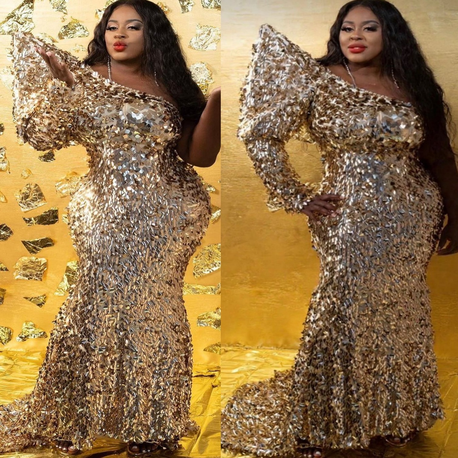 Aso Ebi Gold Mermaid Prom Dress 2026 Evening Dress One Shoulder Sequined Sparkly Birthday Formal Women Pageant Party Gowns Long Dinner Dresses ZJ099