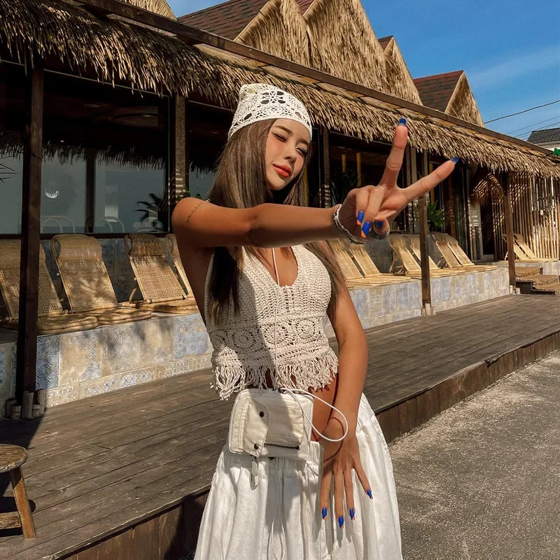 Summer Tank top Womens Boho Fringe Backless Halter Tie Neck Underwear Outerwear with Hanging Embroidery Tassel Suspender 260618
