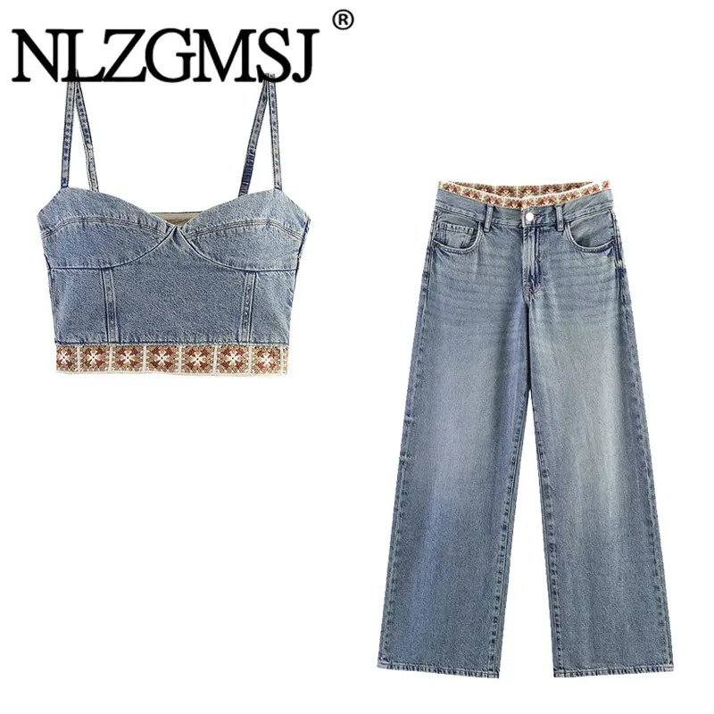 NLZGMSJ 2026 Summer Sexy Chic Women Suit Sleeveless Crochet Spliced Denim Vest Pants Fashion Female Sets 260623