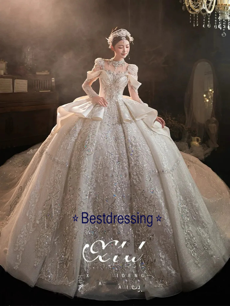 Saudi Arabic Princess Ball Gown Wedding Dress Luxury Crystals Beaded Shoulder Long Slve Luxury Lace Sequins Appliques Bridal Gowns Crystal Bride Rob