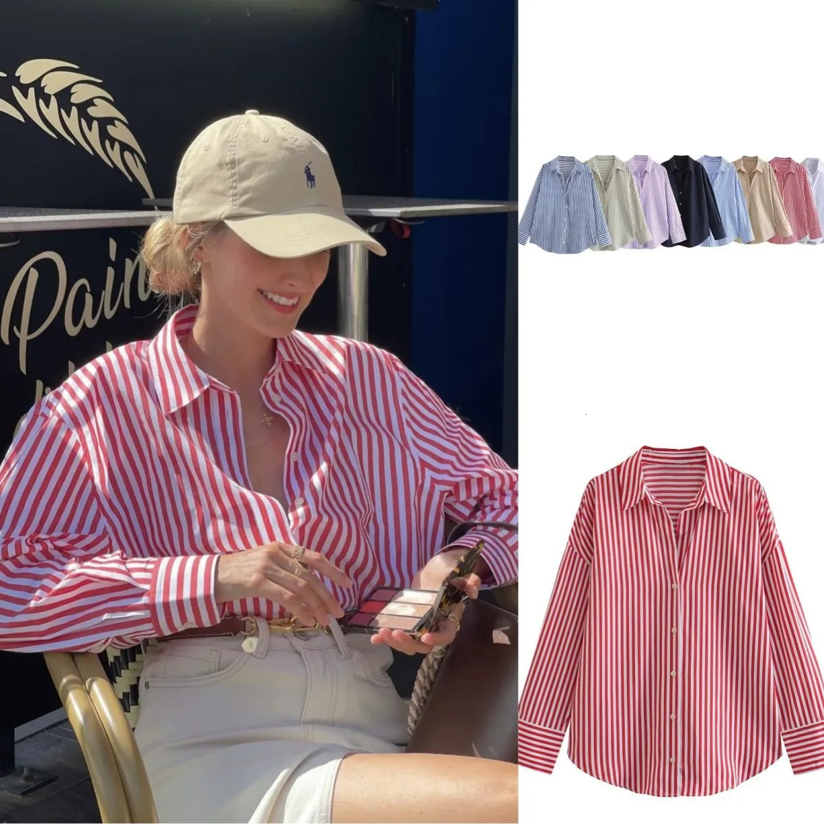ETJ womens spring EuropeAmerican fashion striped long sleeve lapel loose version poplin shirt multicolor selection 260623