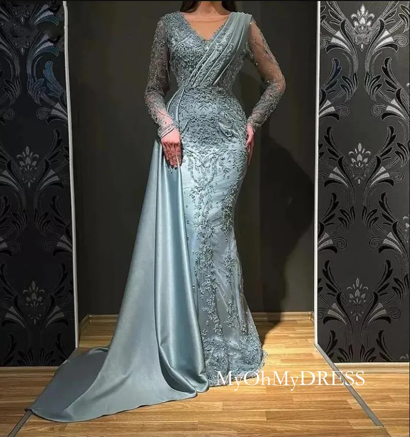 Arabic Dubai Turkish Long Sleeves Women Evening Dresses Mermaid V Neck Overskirts Ruched Satin Formal Occasion Party Gowns Embroidery Lace Beaded Ve