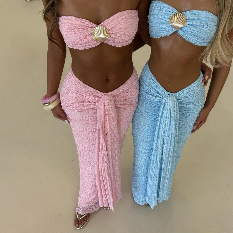 Sexy 2 Piece Set Club Party Beach Clothes Women Summer Shells Strapless Bandeau Crop Top Tie Front Maxi Skirt Coquette Outfits 260623