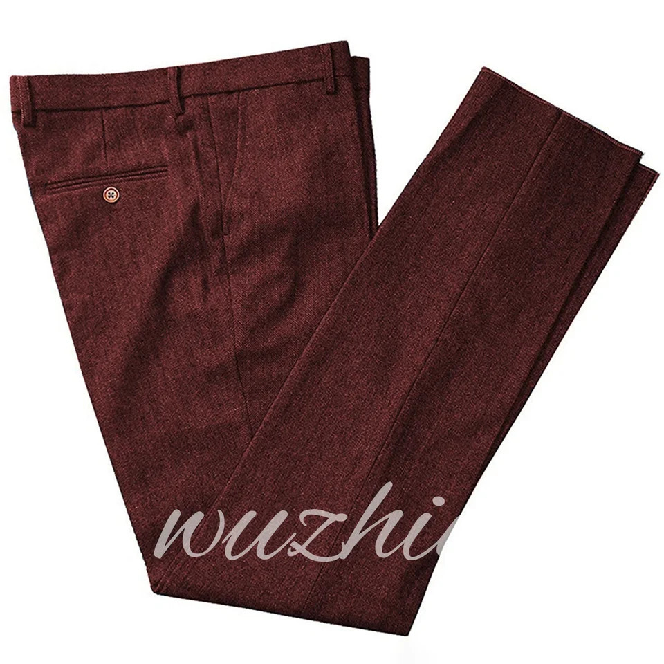 Pantaloni da uomo vintage da lavoro bordeaux di alta qualità Pantaloni dritti in misto lana tinta unita per matrimonio su misura personalizzato 2606