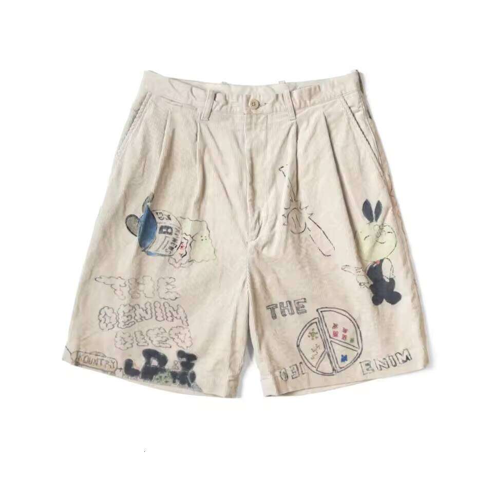 Men Vintage Cartoon Print Corduroy Shorts Japanese Retro Washed Pleated Loose Casual Streetwear Mid Length Pants W260624