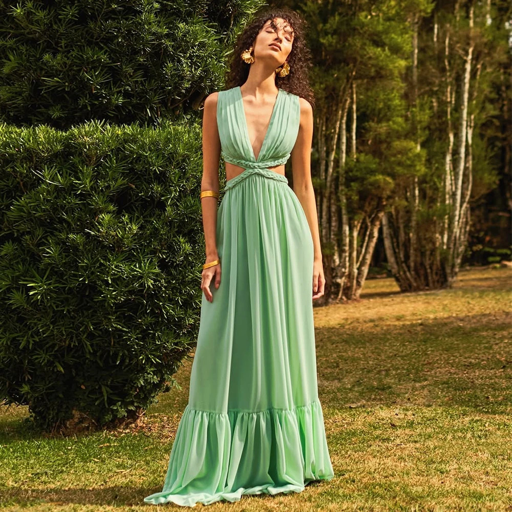 Womens Holiday Dress Mint Chiffon Deep V Neck Cut Out Sexy Prom Gown Long Sleeveless A Line Ruched Pleated Summer Party Dresses 260617