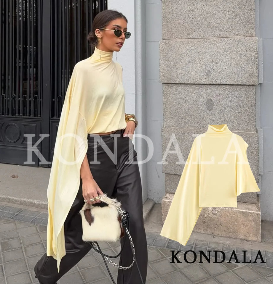 KONDALA Elegant High Neck Asymmetrical Tops Womens High Street Yellow Tops 2026 Summer Fashion Romantic Holidays Lady Tops 260623