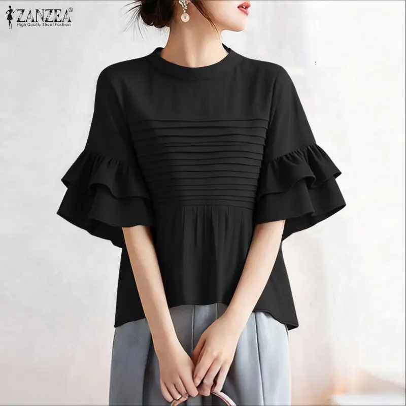 2026 ZANZEA Women Summer Blouses O Neck Short Sleeve Tops Stylish Solid Pleated Shirt Female Elegant Office Work Blouse Oversize 260623