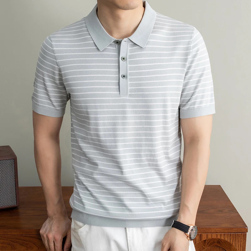 Mens Lyocell shirt summer casual striped short sleeved Tshirt Polo collar breathable comfortable knitted pullover 260617
