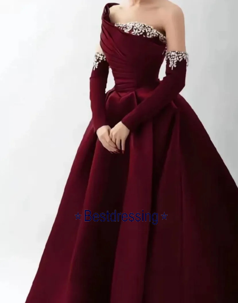 Elegant Long Burgundy Evening With Crystals A Line Pleated Zipper Back Floor Length Prom Dresses Satin Robe De Soiree Formal Party Gown For Women Bd