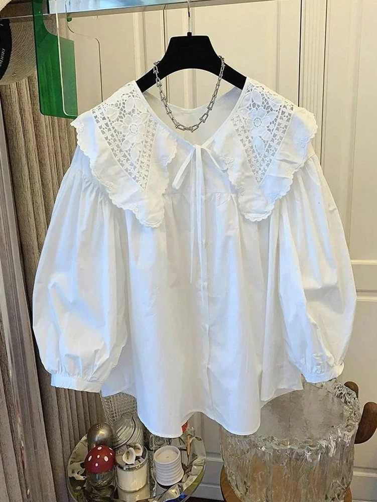 Womens Casual Loose Doll Collar Blouse Elegant Lace Trim Peter Pan Shirt Sweet Daily Top for Spring Summer 260623