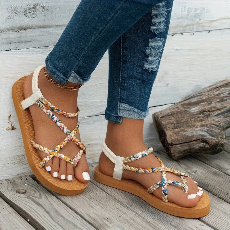 2026 Color Block Woven Open-Toe Flat Sandals Casual and Lightweight Bohemian Beach Round Toe Roman Style Sandals 260623