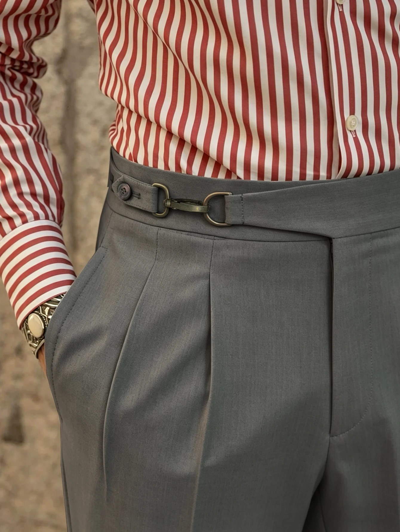 2026 Spring Summer Italian Naples Elegant High Waist Suit Pants Men Solid Woven Loose Straight Leg Trousers 260618